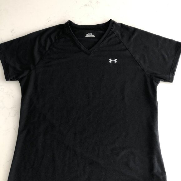 Under Armour V Neck Short Sleeve Polyester Blend Running T Shirt Top Black Sz S - Picture 3 of 10